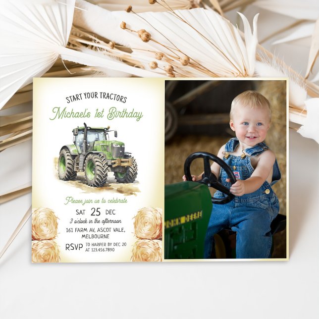 Invitación Fiesta del primer cumpleaños de Green Tractor (Subido por el creador)