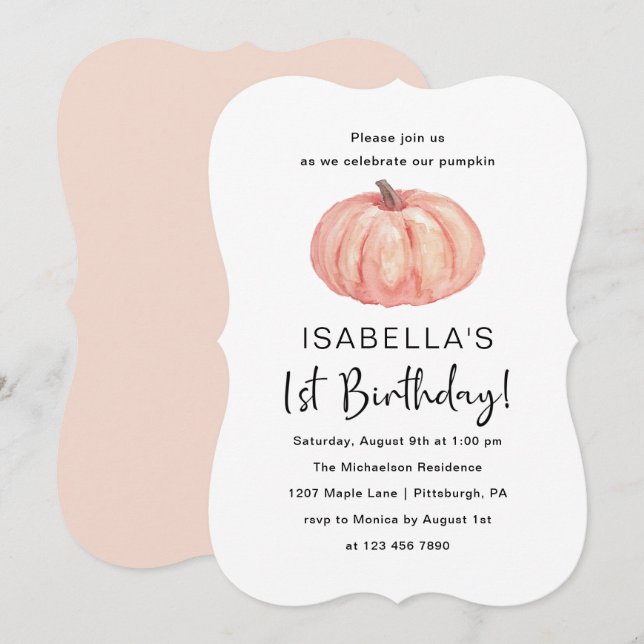 Invitación Fiesta del primer cumpleaños de la Calabaza acuare (Anverso / Reverso)