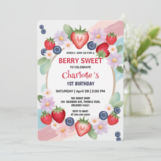 Invitación FIESTA del primer cumpleaños de la fresa ROJA (Anverso de pie)
