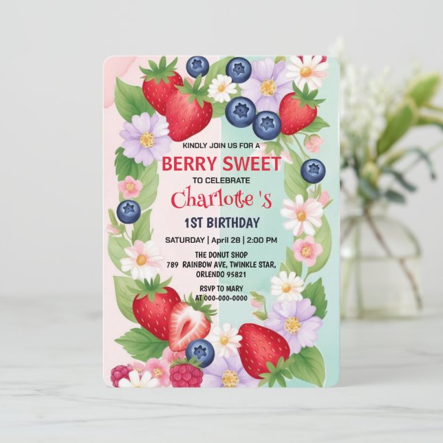 Invitación FIESTA del primer cumpleaños de la fresa ROJA (Anverso de pie)