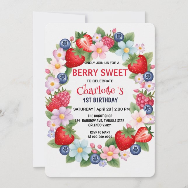 Invitación FIESTA del primer cumpleaños de la fresa ROJA para (Anverso)