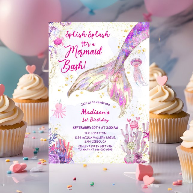 Invitación Fiesta del primer cumpleaños de la sirena dorada c (Gold Mermaid Tale pink purple 1st Birthday Girl Party Invitation)