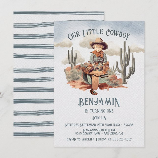 Invitación Fiesta del primer cumpleaños de Little Cowboy (Anverso / Reverso)