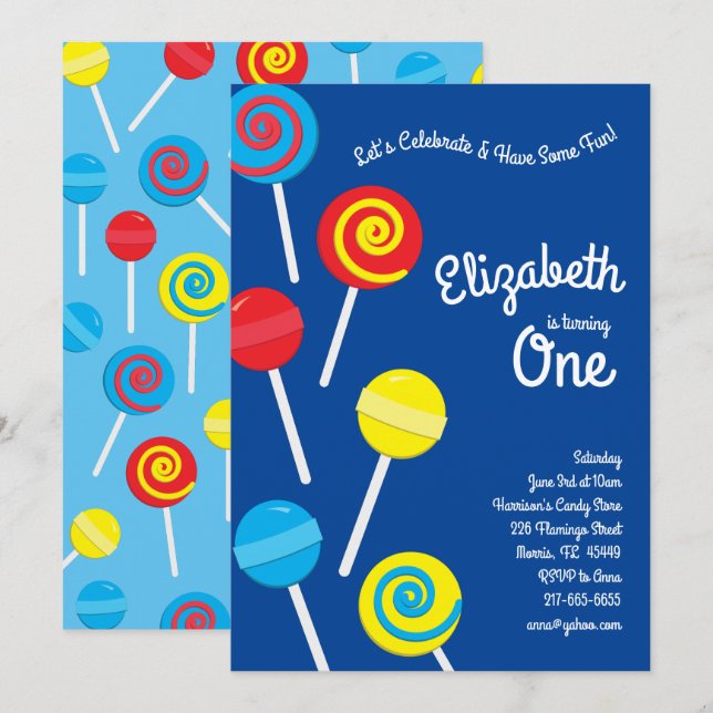Invitación Fiesta del primer cumpleaños de los niños Lollipop (Anverso / Reverso)