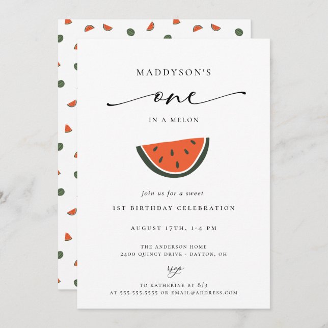 Invitación Fiesta Del Primer Cumpleaños De One In A Melon (Anverso / Reverso)