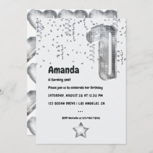 Invitación Fiesta del primer cumpleaños de Silver Disco Balón