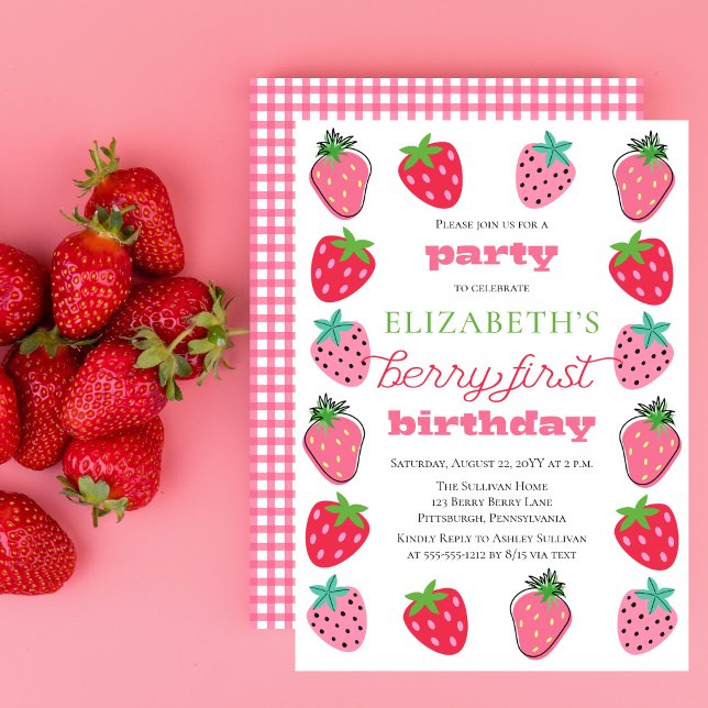 Invitación Fiesta del primer cumpleaños de Strawberries Chica (Cute Strawberries Girl's "Berry First Birthday" Birthday Party Invitation)