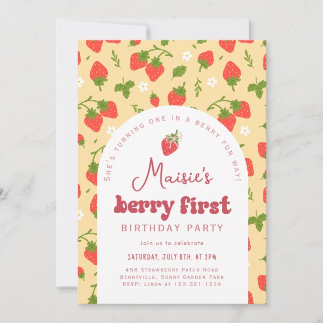 Invitación Fiesta del primer cumpleaños de Strawberry Berry (Anverso)