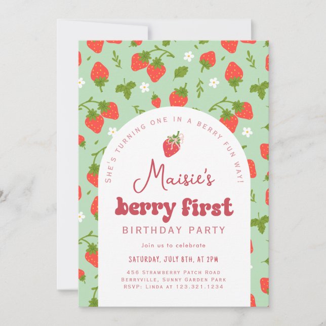 Invitación Fiesta del primer cumpleaños de Strawberry Berry (Anverso)
