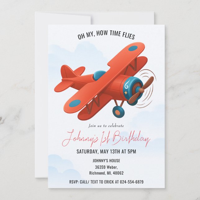 Invitación Fiesta del primer cumpleaños de un avión de un chi (Anverso)