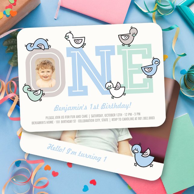 Invitación Fiesta del primer cumpleaños de un niño grande, Bl (Pastel Blue Cute Ducks Big One Boy's 1st Birthday Party Photo Invitation @ fatfatin_mini_me)
