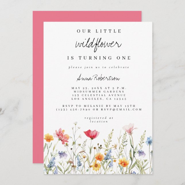 Invitación Fiesta del primer cumpleaños de Watercolor Wildflo (Anverso / Reverso)