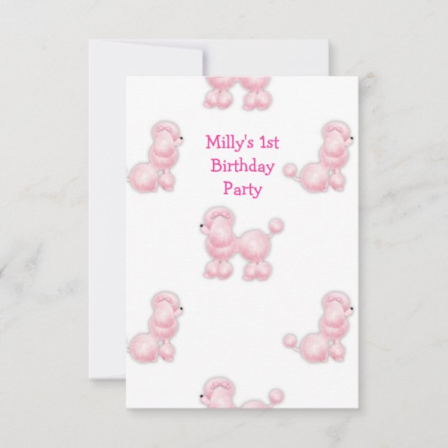 Invitación Fiesta del primer cumpleaños de White Pink Poodle (Anverso)