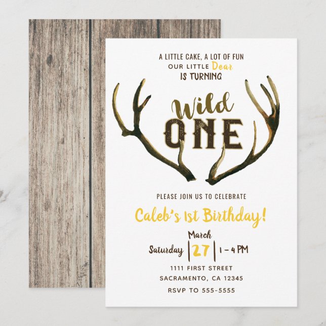 Invitación Fiesta del primer cumpleaños de Wild One Deer Antl (Anverso / Reverso)