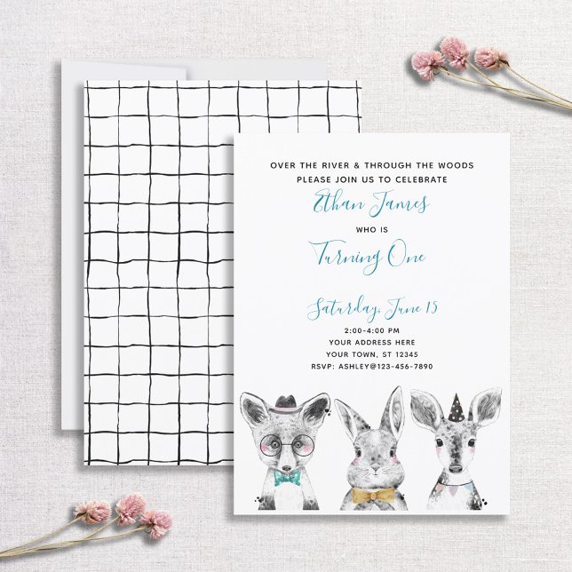 Invitación Fiesta del primer cumpleaños de Woodland Blue blan (Subido por el creador)