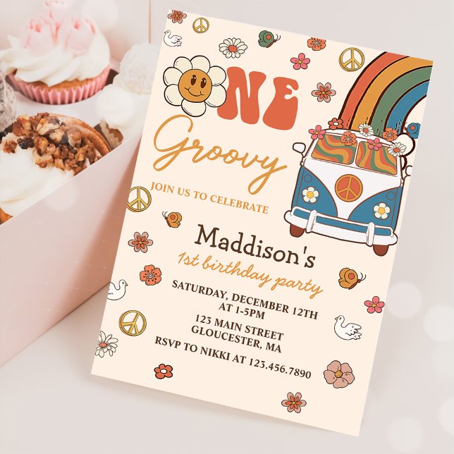 Invitación Fiesta del primer cumpleaños del arco iris retro d (Subido por el creador)