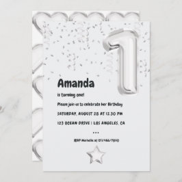 Invitación Fiesta del primer cumpleaños del globo blanco y ne