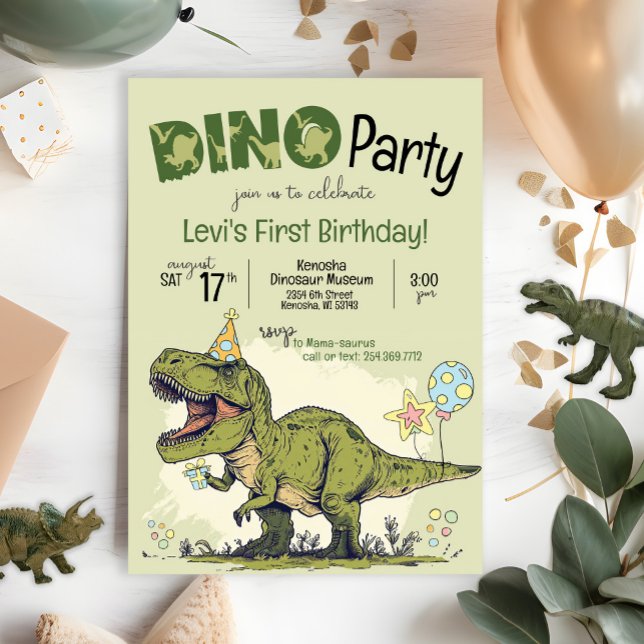 Invitación Fiesta del primer cumpleaños del primer dinosaurio (Cute Cartoon T-Rex Dinosaur wearing birthday hat, First Birthday Dino Party invitation, one-a-saurus)