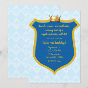 Invitación Fiesta del Príncipe Escudo Real Azul y Dorado y Co