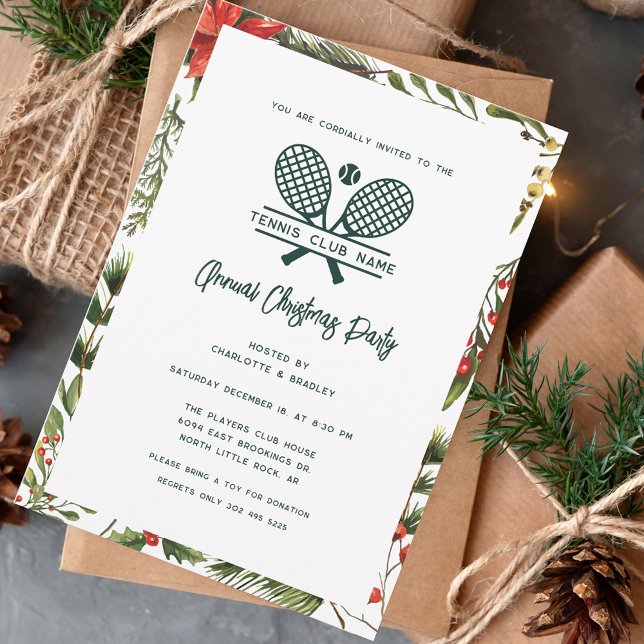 Invitación Fiesta del Red Berries Greenery Tennis Club (Tennis Club Script Botanical Christmas Party Invitation)