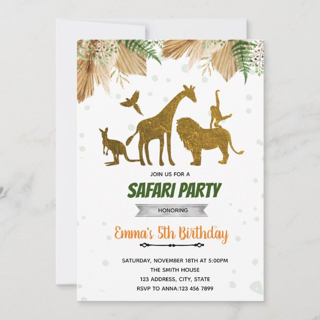 Invitación Fiesta del safari oro azul Boho (Anverso)