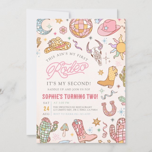 Invitación Fiesta del segundo cumpleaños de Disco Cowgirl (Anverso)