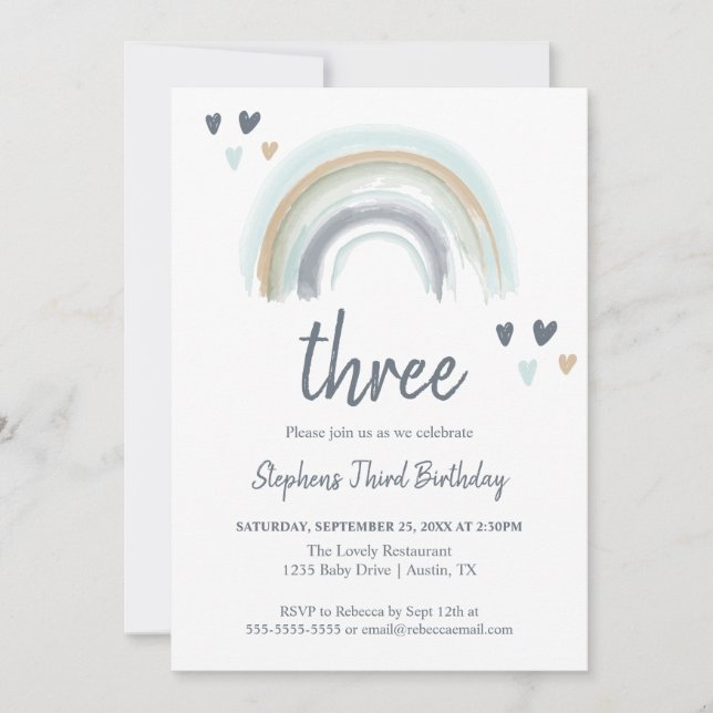 Invitación Fiesta del Segundo Cumpleaños del Blue Boho Rainbo (Anverso)