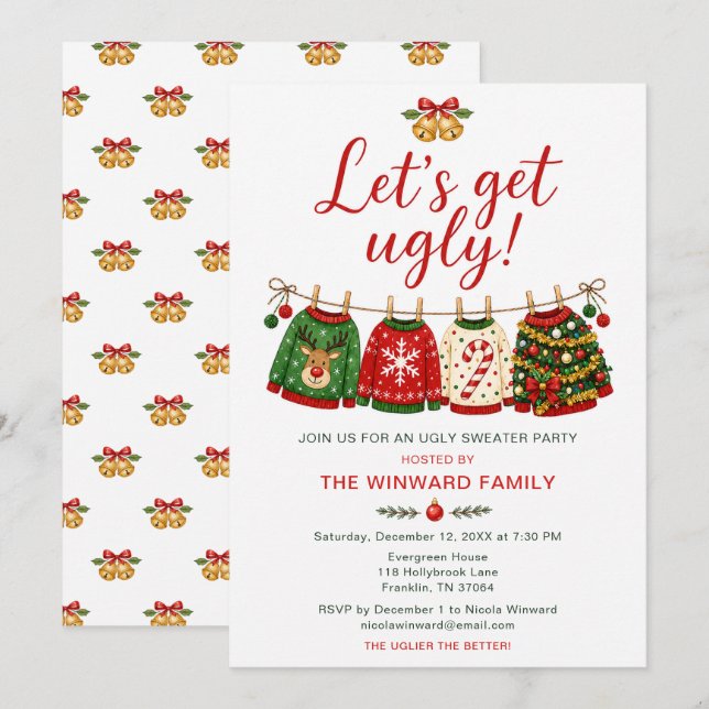 Invitación Fiesta del Suéter Feo de Navidad (Anverso / Reverso)