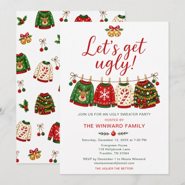 Invitación Fiesta del Suéter Feo de Navidad (Anverso / Reverso)