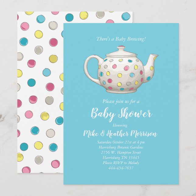 Invitación Fiesta del té Baby Shower Polka Dot Blue Boy (Anverso / Reverso)