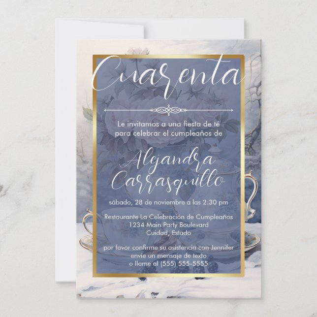 Invitación Fiesta del Té Bonito Azul Español Cumpleaños 40 (Anverso)