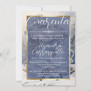 Invitación Fiesta del Té Bonito Azul Español Cumpleaños 40