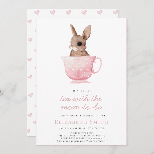 Invitación Fiesta del té conejito Chica rosado Baby Shower (Anverso / Reverso)