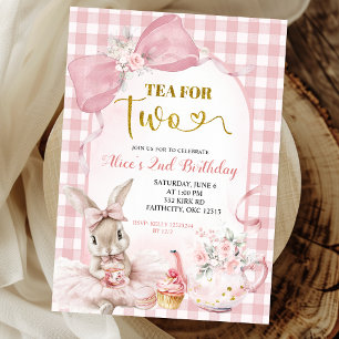 Invitación Fiesta del té conejito lazo floral rosa Gingham Bl