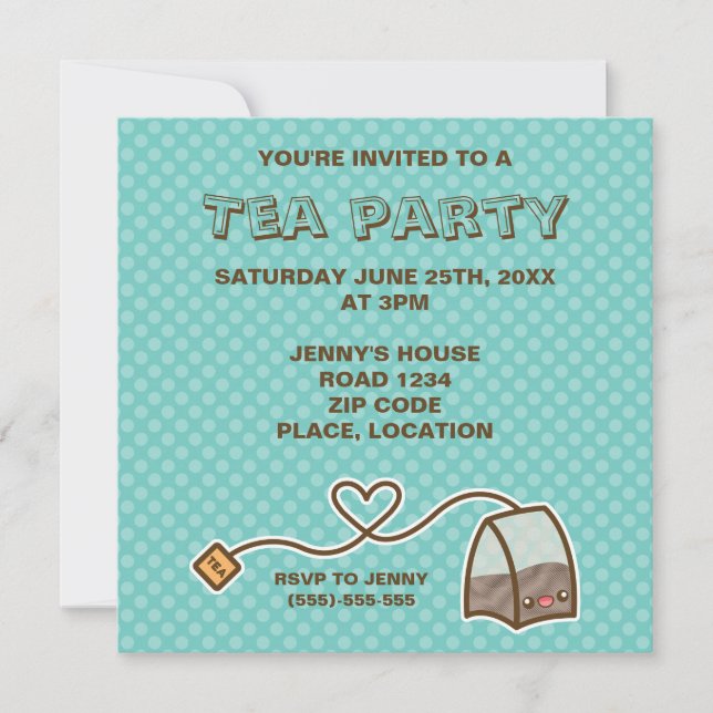 Invitación Fiesta del Té de Bolsa de Té Kawaii (Anverso)