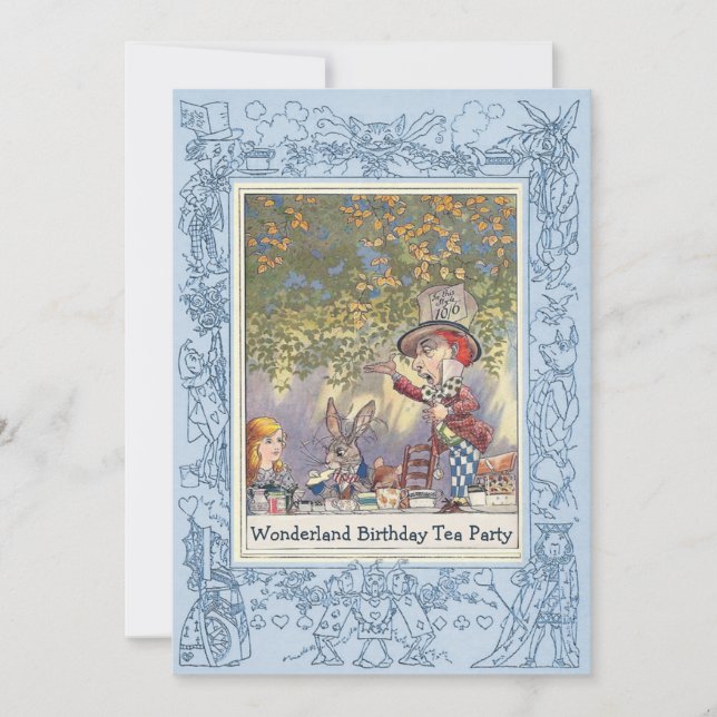 Invitación Fiesta del té de cumpleaños de Blue Mad Hatter (Anverso)