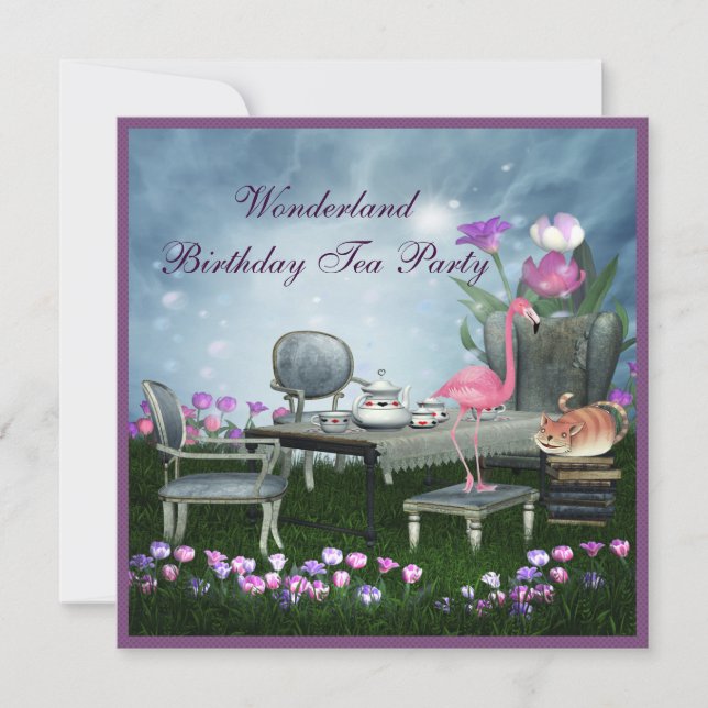 Invitación Fiesta del té de cumpleaños de Wonderland (Anverso)