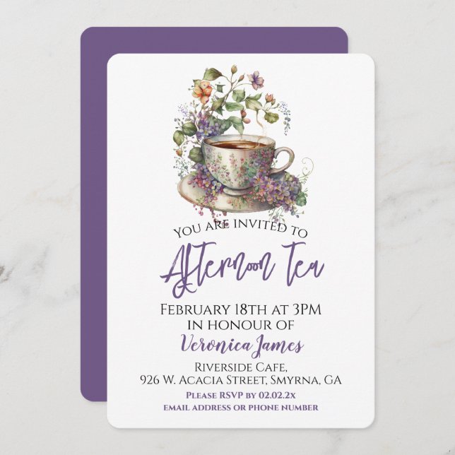 Invitación Fiesta del té de la tarde floral (Anverso / Reverso)