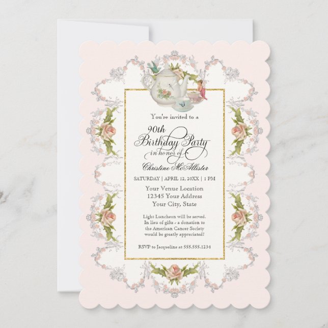 Invitación Fiesta del té de los hados de cumpleaños, Rosas te (Anverso)