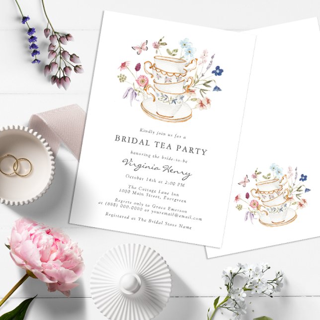 Invitación Fiesta del té de novia floral (Wildflower Tea Party Bridal Shower Wedding Invitation with Butterfly by Painted Paperie)