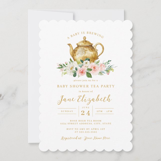 Invitación Fiesta del Té de Oro Rosa Se está Gestando un Bebé (Anverso)