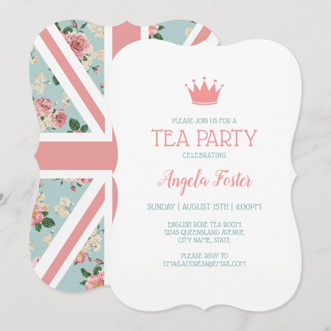 Invitación Fiesta del Té de Rosas Inglesas Union Jack (Anverso / Reverso)