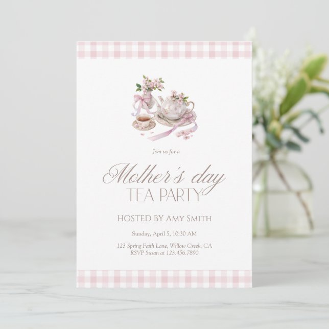 Invitación Fiesta del Té del Día de la Madre en Gingham Rosa (Anverso de pie)