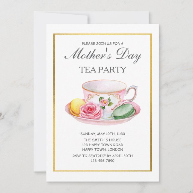 INVITACIÓN FIESTA DEL TÉ DEL DÍA DE LA MADRE PERSONALIZABLE (Anverso)