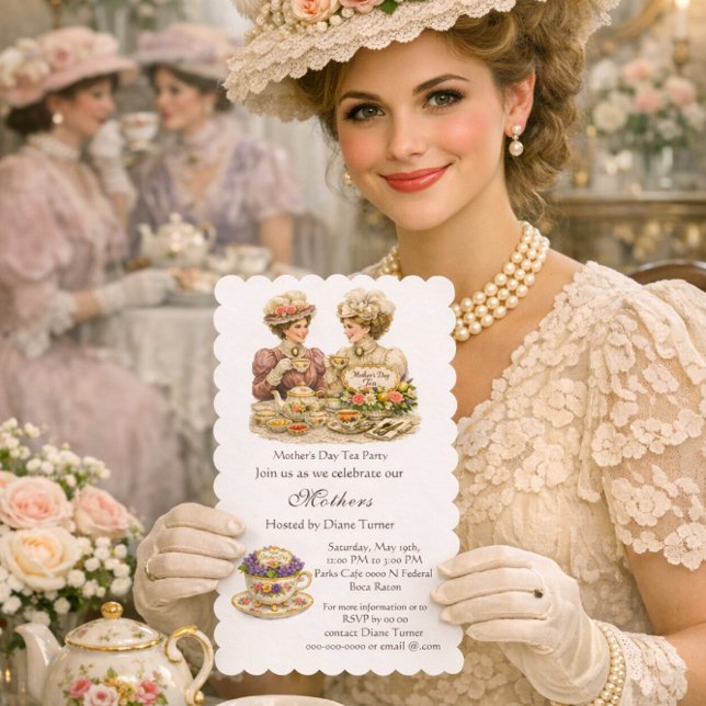 Invitación Fiesta del Té del Día de la Madre Victoriano (Host a Victorian tea party with this invitation template. Perfect for various venues.)