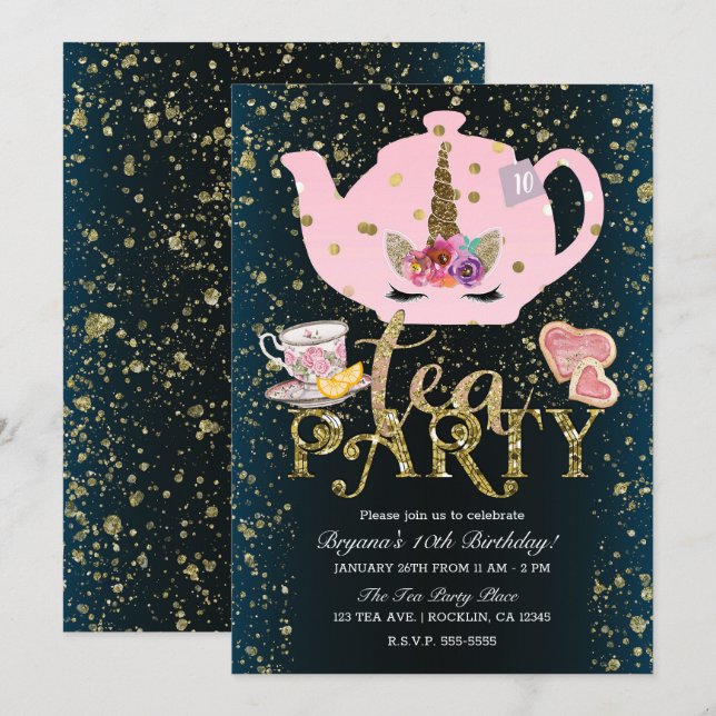 Invitación Fiesta del Té del Unicornio Dorado Brillo Rosa Cum (Anverso / Reverso)