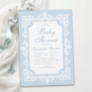 Invitación Fiesta del té Dusty Blue Elegante encaje Baby Show