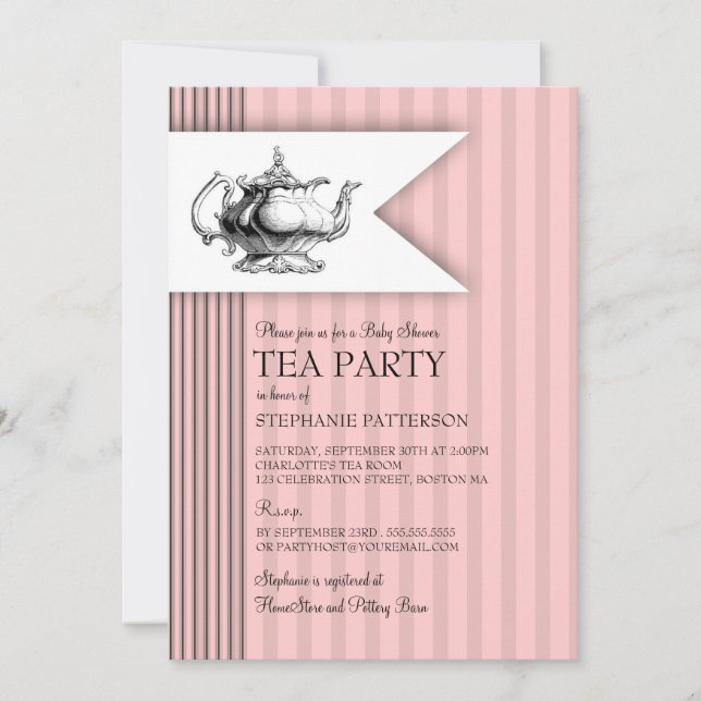 Invitación Fiesta del té elegante de Baby Shower de la raya (Anverso)
