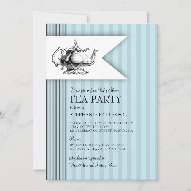 Invitación Fiesta del té elegante de Baby Shower de la raya (Anverso)