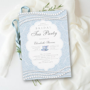 Invitación Fiesta del Té Elegante Encaje Perlas Azules Desped